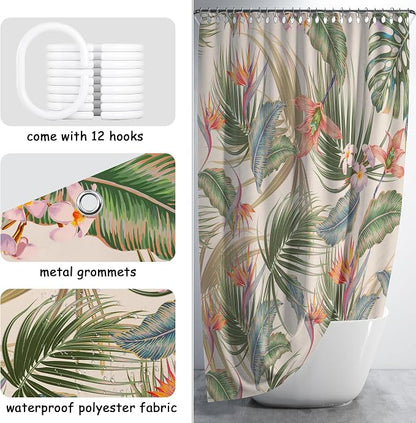 Tropical Shower Curtain, Colourful Leaves Floral Palm Leaf Hawaiian Botanical Plant Bathroom Curtain, Waterproof Cloth Fabric Bath Curtain with Hooks 72 x 72 inch