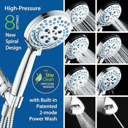 AquaCare New 8-mode High Pressure Handheld Shower Head w/ 2-way Power Wash | Stay Clean Nozzles, Dual Power Wash for Tub, Tile & Pets, Long 6 ft. Stainless Steel Hose, Wall & Overhead Brackets / Chrome