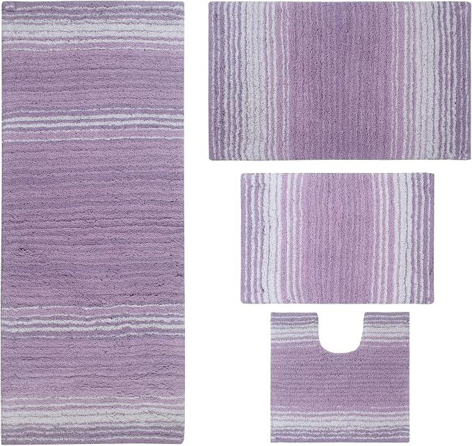 Home Weavers 100% Cotton Gradiation Collection Bathroom Décor | Washable Rug | Bathroom Mat | Kitchen Mat | Bathroom Rug Set | Bath Mat Set | Bath Floor Mat Non Slip, 4 Piece Set with Runner, Purple