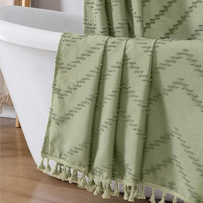 Extra Long Light Green Boho Shower Curtain, Chic Tufted Chevron Striped Textured Fabric Cloth Shower Curtains with Tassel for Bathroom, Soft Hotel Style Farmhouse, Machine Washable, 72x84