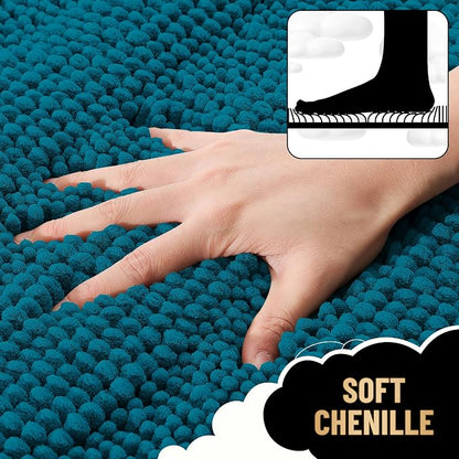 OLANLY Thick Bathroom Runner Rugs 47x24, Chenille Bath Rugs, Peacock Blue | Absorbent Striped, Rubber Backing, Machine Wash, Long Bath Mats for Bathroom Floor, Tub and Shower, Home Decor Accessories