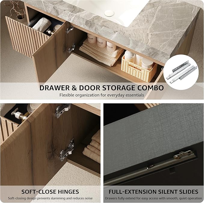 48” Floating Bathroom Vanity with Sink, Wall-Mounted Cabinet with Drawer & Doors, Gray Travertine-Pattern Sintered Stone Top, Undermount Basin, 3 Faucet Hole, Soft-Close, Pre-Assembled, Light Oak