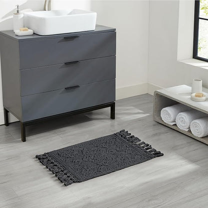 Jean Pierre - Ricardo Bath Mat, Woven Fringe Bathroom Rugs, 100% Cotton, Premium Bathroom Decor - Measures 17" x 31" - Black