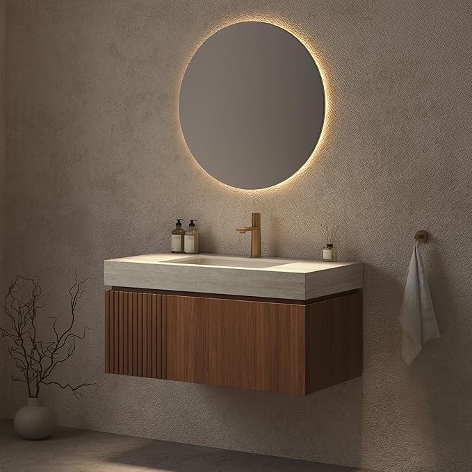 Ambrovina 36" Floating Bathroom Vanity with Sink, Modern Plywood Bathroom Storage Cabinet with Drawer and Door, Roma Travertine-Pattern Countertop, White Ceramic Basin, Pre-Assembled, Dark Oak