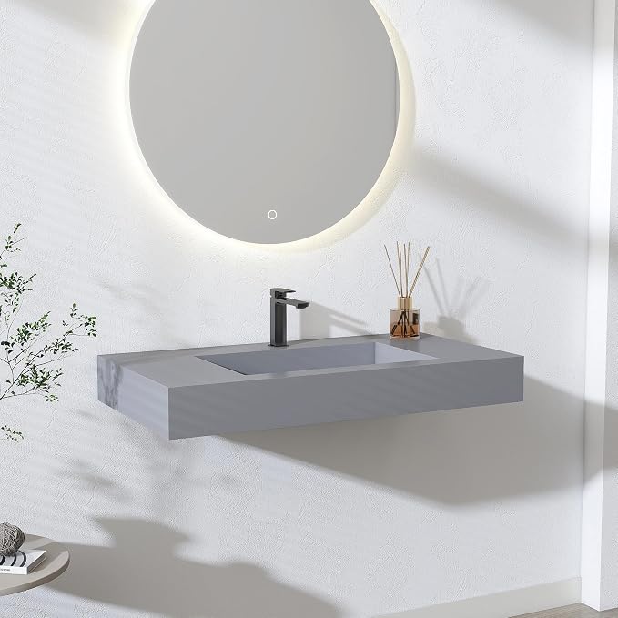 SJ STAR&JANE 35" x 19" in Solid Surface Bathroom Sink, Wall-Mount or Countertop Vessel Sink, Rectangle Floating Vanity Sink in Light Gray, Pre-installed Faucet Holes, Durable Modern Design