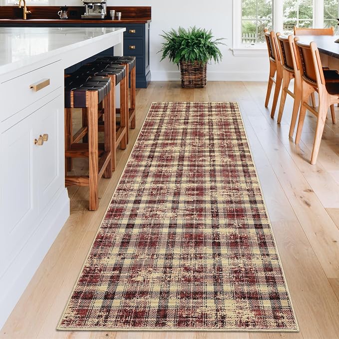 Washable Runner Rug 2x8 Modern Christmas Entryway Rug Tartan Plaid Non Slip Kitchen Rugs Rustic Bedroom Area Rug Hallway Runners Soft Carpet Bath Mat Stain Resistant Throw Rugs for Laundry Red