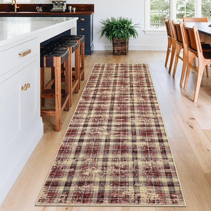 Washable Runner Rug 2x8 Modern Christmas Entryway Rug Tartan Plaid Non Slip Kitchen Rugs Rustic Bedroom Area Rug Hallway Runners Soft Carpet Bath Mat Stain Resistant Throw Rugs for Laundry Red