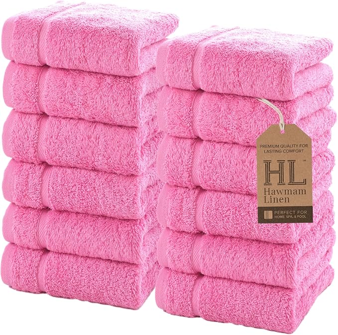 Hawmam Linen Luxury Cotton Washcloths 13x13 Inch - Large Hotel Spa Bathroom Face Towel | 12 Pack | Pink