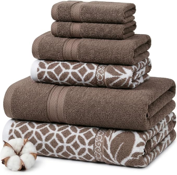 Modern Threads 6 Piece Bath Towel Set – Bathroom Set with 2 Bath Towels, 2 Hand Towels, and 2 Wash Cloths – 100% Cotton, Super Absorbent & Extra Soft – Reversible Botanical Vine (Taupe Brown)