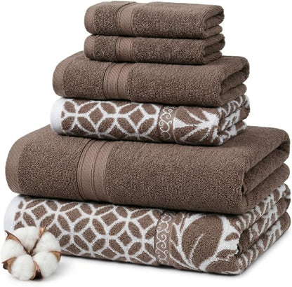 Modern Threads 6 Piece Bath Towel Set – Bathroom Set with 2 Bath Towels, 2 Hand Towels, and 2 Wash Cloths – 100% Cotton, Super Absorbent & Extra Soft – Reversible Botanical Vine (Taupe Brown)