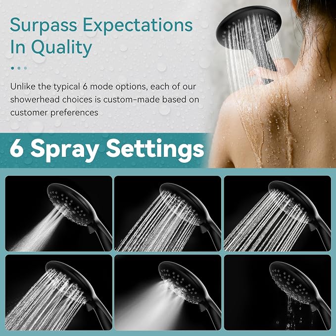 JDO Shower Head with Handheld, 6 Spray Settings High Pressure Hand Held Shower Head, 4.3" High Flow Rain Showerhead Set with Extra Long 59" Stainless Steel Hose and Adjustable Bracket(Matte Black)