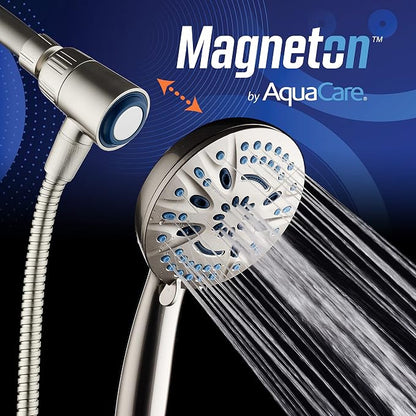 AquaCare Magneton 8-Mode High Pressure Handheld Shower Head with 2 Brackets | Space-age Magnetic Guidance Docking, Giant 5-inch Face with Hygienic Jets, Extra-long 6 ft. Stainless Steel Hose / Nickel