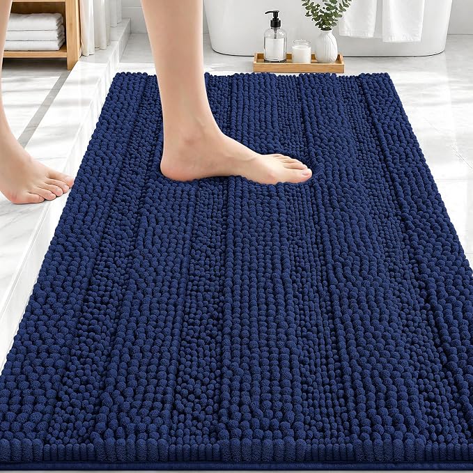 OLANLY Thick Bathroom Rugs 30x20, Chenille Bath Rugs, Twilight Sapphire | Rubber Backing, Machine Wash, Extra Absorbent Striped Bath Mats for Bathroom Floor, Tub and Shower, Home Decor Accessories