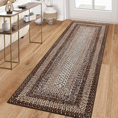 Printed Washable Rugs Runner 2x6 Rug for Living Room Bathroom Rugs Dark Brown Modern Imitation Braided Bedroom Rug Non Slip Geometric Kitchen Runner Stain Resistant Carpet 2'x6' Dark Brown