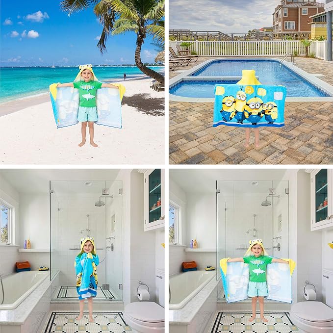 Despicable Me Minions Bath/Pool/Beach Soft Cotton Terry Hooded Towel Wrap, 24" x 50", By Franco Kids