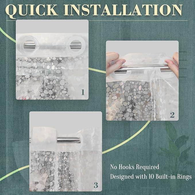 No Hook Shower Curtain or Liner, Standard Size 71 x 74, Pebble | 8G Heavy Duty, Cobblestone Bathroom Shower Curtain, No Hooks Required, Waterproof Plastic & PVC Free
