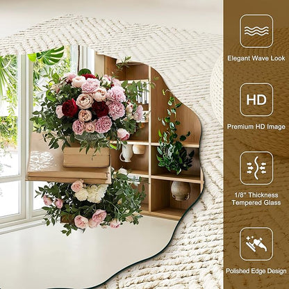 CILIBER Wavy Mirror for Wall, 30'' Scalloped Frameless Round Mirror, 3mm Tempered Glass Decorative Bathroom Vanity Mirror, Mounting/Leaning for Mantel, Living Room, Bedroom and Entryway