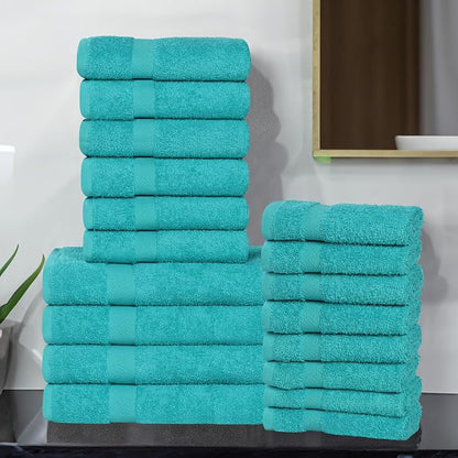 Superior 18-Piece Cotton Assorted Towel Set, Includes 8 Face Towel, 6 Hand, and 4 Bath Towels, Home, Bathroom, Guest Bath Essentials, Quick Dry, Absorbent, Franklin Collection - Turquoise