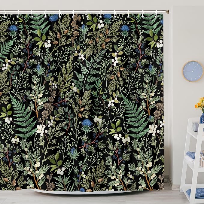 Vintage Botanical Shower Curtain, Elegant Boho Gothic Dark Green Ferns Floral Leaves Shower Curtain for Bathroom, Retro Whimsical Cottage Core Wildflower Farmhouse Curtain Bathroom Accessories 72X72