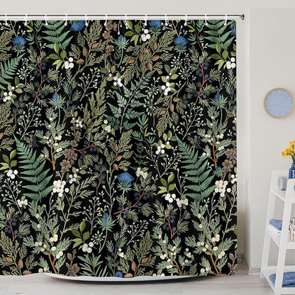 Vintage Botanical Shower Curtain, Elegant Boho Gothic Dark Green Ferns Floral Leaves Shower Curtain for Bathroom, Retro Whimsical Cottage Core Wildflower Farmhouse Curtain Bathroom Accessories 72X72
