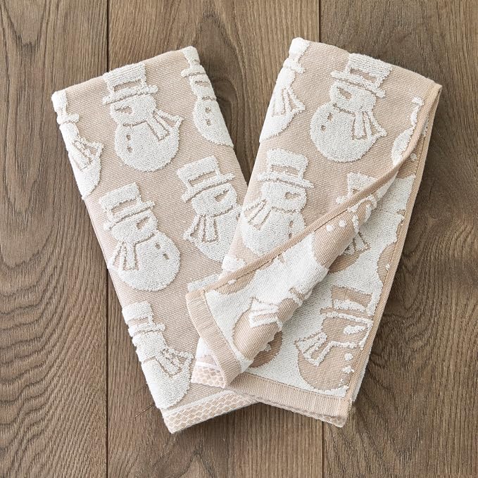 SKL Home Christmas/Winter Snowman Hand Towel Set-2pc, Jacquard, Tan | 100% Cotton. Soft, absorbent & reversible. Great for use in the bathroom, kitchen, or bar & gifting.