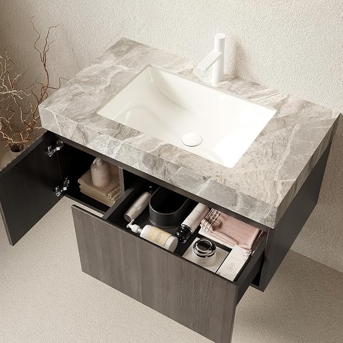 KEIKI 36 Inch Floating Bathroom Vanity with Sink, Espresso & Grey | Modern Wall Mounted Storage Cabinet w/ Drawer & Door, Pre-assembled Wood Panels, Sintered Stone Top & Ceramic Basin Combo Set
