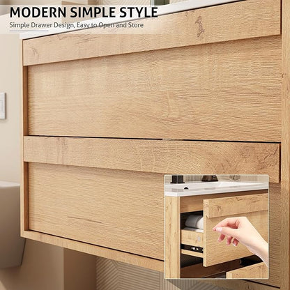 eclife 36" Floating Bathroom Vanity Sink Combo, Wall Mounted Modern Minimalist Storage Cabinet with 2 Drawers, Exclude Sink, Faucet & Drain, Natural