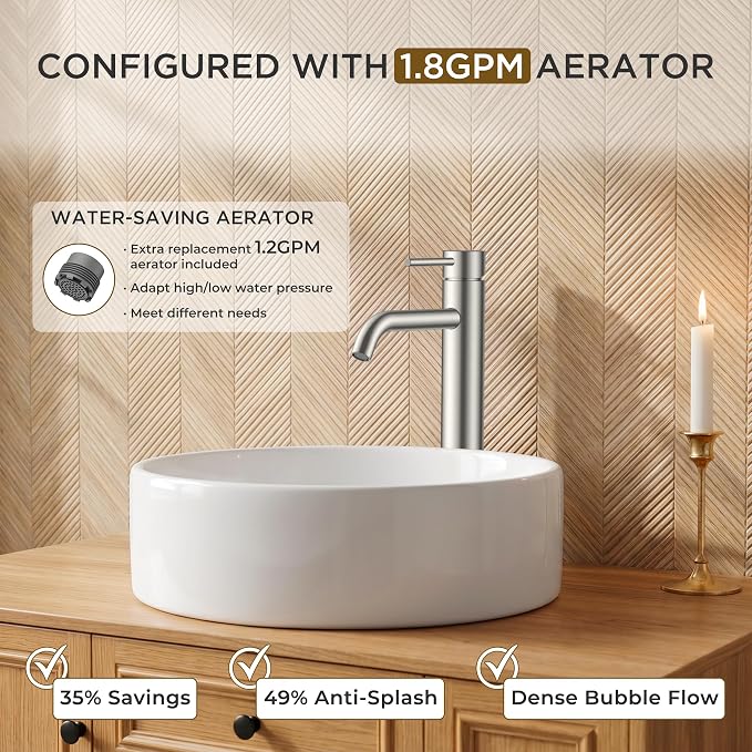 FORIOUS Vessel Tall Bathroom Faucet 1 Hole Brushed Nickel Single Handle | for 1 Hole Vessel Sink Only, Single Handle Faucet with Pop up Drain, for Basin Bowl Vanity Lavatory Residential/Commercial