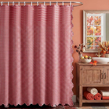 HunnmingRe Scalloped Gingham Shower Curtain Red | 72'' x 72'' Vintage Farmhouse Curtain, Cotton Cottage Core Rural Checkered Plaid Decor, Fall Shower Curtain for Bathroom