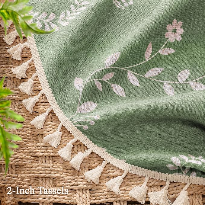 Boho Green Vintage Shower Curtain with Tassels 72 x 72 Inch | Bohemian Floral Linen Fabric Pattern Curtain Curtain For Bathroom