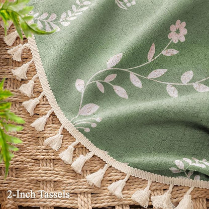 Boho Green Vintage Shower Curtain with Tassels 72 x 72 Inch | Bohemian Floral Linen Fabric Pattern Curtain Curtain For Bathroom