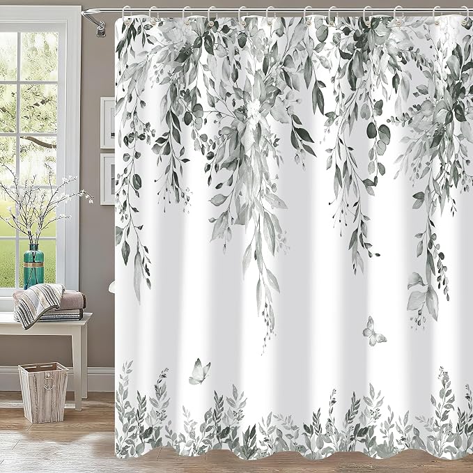 120GSM Grey Eucalyptus Shower Curtain, Waterproof Plant Leaves with Floral Bathroom Shower Curtain Set, Gray White, 72x72