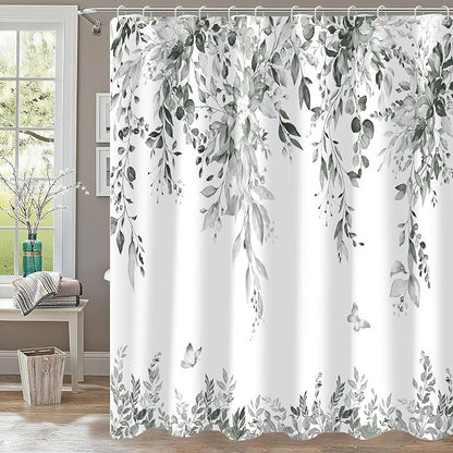 120GSM Grey Eucalyptus Shower Curtain, Waterproof Plant Leaves with Floral Bathroom Shower Curtain Set, Gray White, 72x72