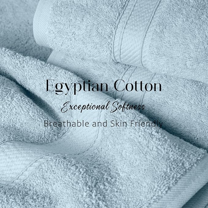 SUPERIOR Egyptian Cotton Ultra Plush & Absorbent, 12 Piece Set, Light Blue | Heavyweight 12 Pc Egyptian Cotton Towel Set Includes 4 Bath Towels 4 Hand Towels 4 Washcloths Decorative Rope Border