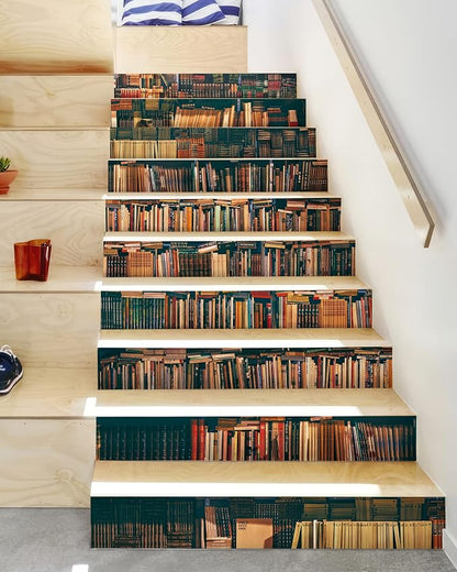 FLFK Stair Decals - Stair Stickers Decals Peel and Stick,Vintage Bookshelf Stair Risers Decals Self-Adhesive for Home Decor, 39.3" W x 7" H x 13Pcs