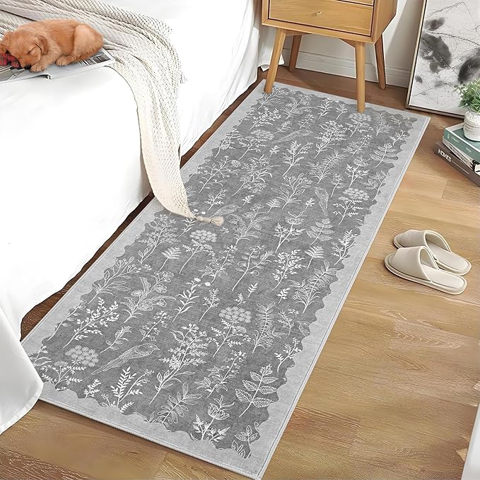 GarveeHome Washable 2x6 Runner Rugs for Bathroom Floral Kitchen Rug Neutral Scalloped Carpet, Non-Slip Hallway Rug Stain Resistant Modern Low-Pile Carpet for ‎Laundry Bedside Entryway(2x6 ft,Grey)
