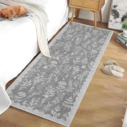 GarveeHome Washable 2x6 Runner Rugs for Bathroom Floral Kitchen Rug Neutral Scalloped Carpet, Non-Slip Hallway Rug Stain Resistant Modern Low-Pile Carpet for ‎Laundry Bedside Entryway(2x6 ft,Grey)