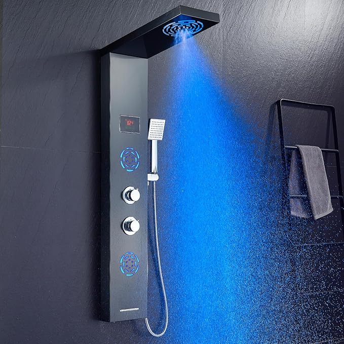 POPFLY Shower Panel Tower System with LED MIST & RAIN Shower Head, 2 Body Jets with LED, Tub Spout and Temperature Display, Water Powered Led Shower Tower Column Stainless Steel, Black