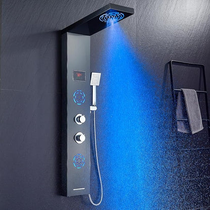 POPFLY Shower Panel Tower System with LED MIST & RAIN Shower Head, 2 Body Jets with LED, Tub Spout and Temperature Display, Water Powered Led Shower Tower Column Stainless Steel, Black
