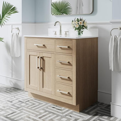 36-Inch Bathroom Vanity with Sink W/ 2 Doors & 4 Drawers & 1 Flip Drawer, Oak Vanity W/Brushed Nickel Handles