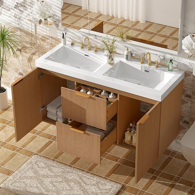 Merax 48" Bathroom Vanities Cabinet with Double Sinks Combo, Modern Floating Bathroom Vanity with Resin Countertop, Soft-Close System and Divided Drawers, Nature Wood
