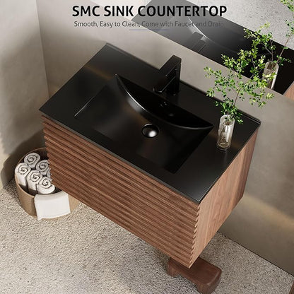 eclife 30" Floating Bathroom Vanity with Sink Combo, Mid-Century Wall Mounted Cabinet with Wood Stripes Decor, Drawers, Undermount Single Black Sink, Faucet, Drain, Cocoa Brown