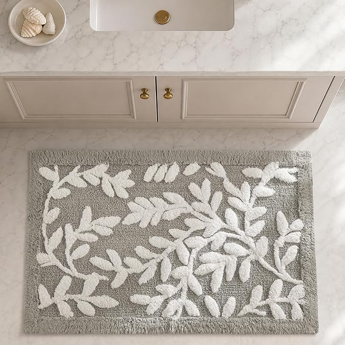 Madison Park Serene Tufted Bath Rug Cotton Absorbent, 21 x 34, Grey | Quick Dry, Soft Pile, Machine Washable, Floral Pattern, Plush, OEKO-TEX Certified