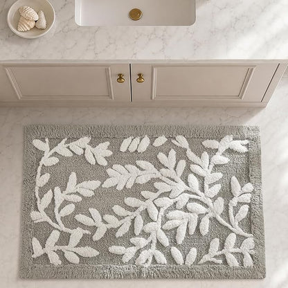 Madison Park Serene Tufted Bath Rug Cotton Absorbent, 21 x 34, Grey | Quick Dry, Soft Pile, Machine Washable, Floral Pattern, Plush, OEKO-TEX Certified