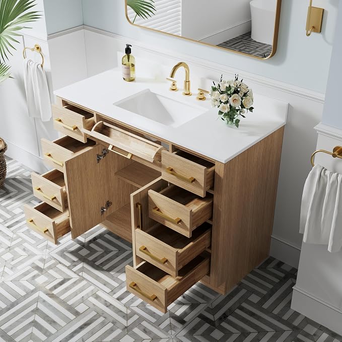 48-Inch Bathroom Vanity with Sink W/ 2 Doors & 8 Drawers & 1 Flip Drawer, Oak Vanity W/Brushed Gold Handles