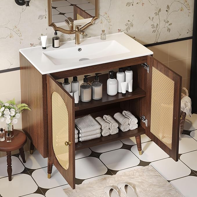 DWVO 36 Inch Rattan Vanity with Sink, Freestanding Bathroom Vanity Cabinet, Boho Style with 2 Large Soft-Closing Doors & Four-Sided Water Barrier Strip, Walnut
