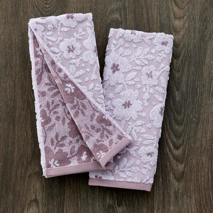 SKL Home Floral Hand Towel Set-2pc, 100% Cotton Jacquard, Lavender | Soft, absorbent & reversible. Great for use in the bathroom, kitchen, or bar & gifting.