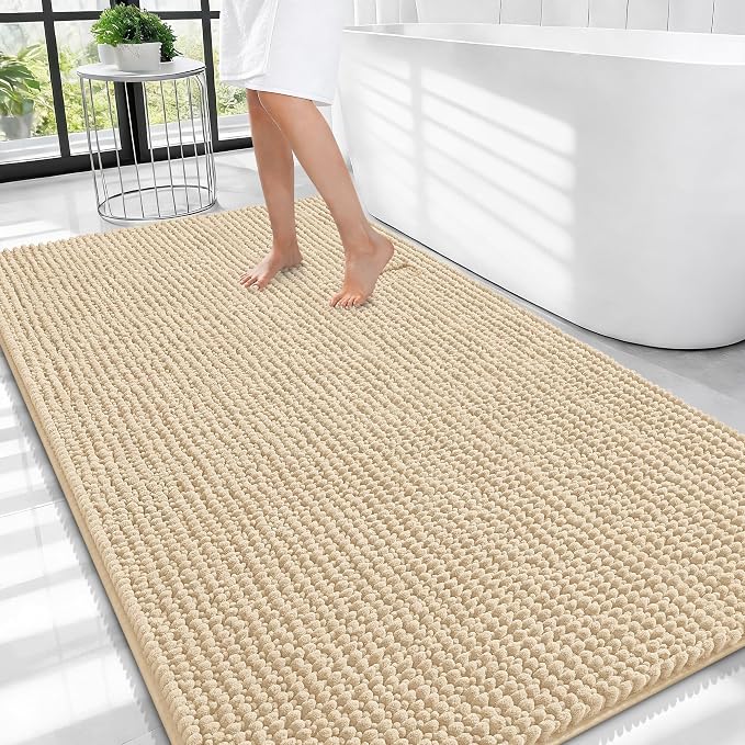 OLANLY Thick Chenille Large Bathroom Rugs 44x32, Absorbent Bath Mat, Beige | Soft Bath Rugs, Rubber Backing, Machine Wash Dry, Bath Mats for Bathroom, Tub and Shower, Home Decor Accessories