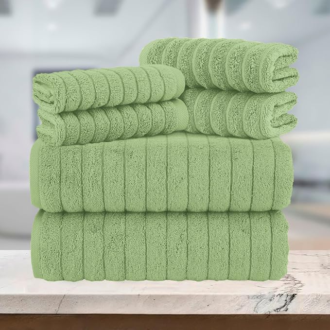 Elegant Comfort 100% Turkish Cotton Corduroy Ribbed Luxury Bath Towels 6-Piece Set, Premium Feel - Quick Dry, Highly Absorbent, Contains 2 Bath Towels, 2 Hand Towels, and 2 Washcloths, Sage