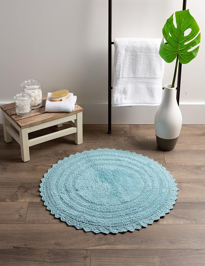 DII Crochet Collection Reversible Bath Mat, Round, 27.5" Diameter, Cameo Blue